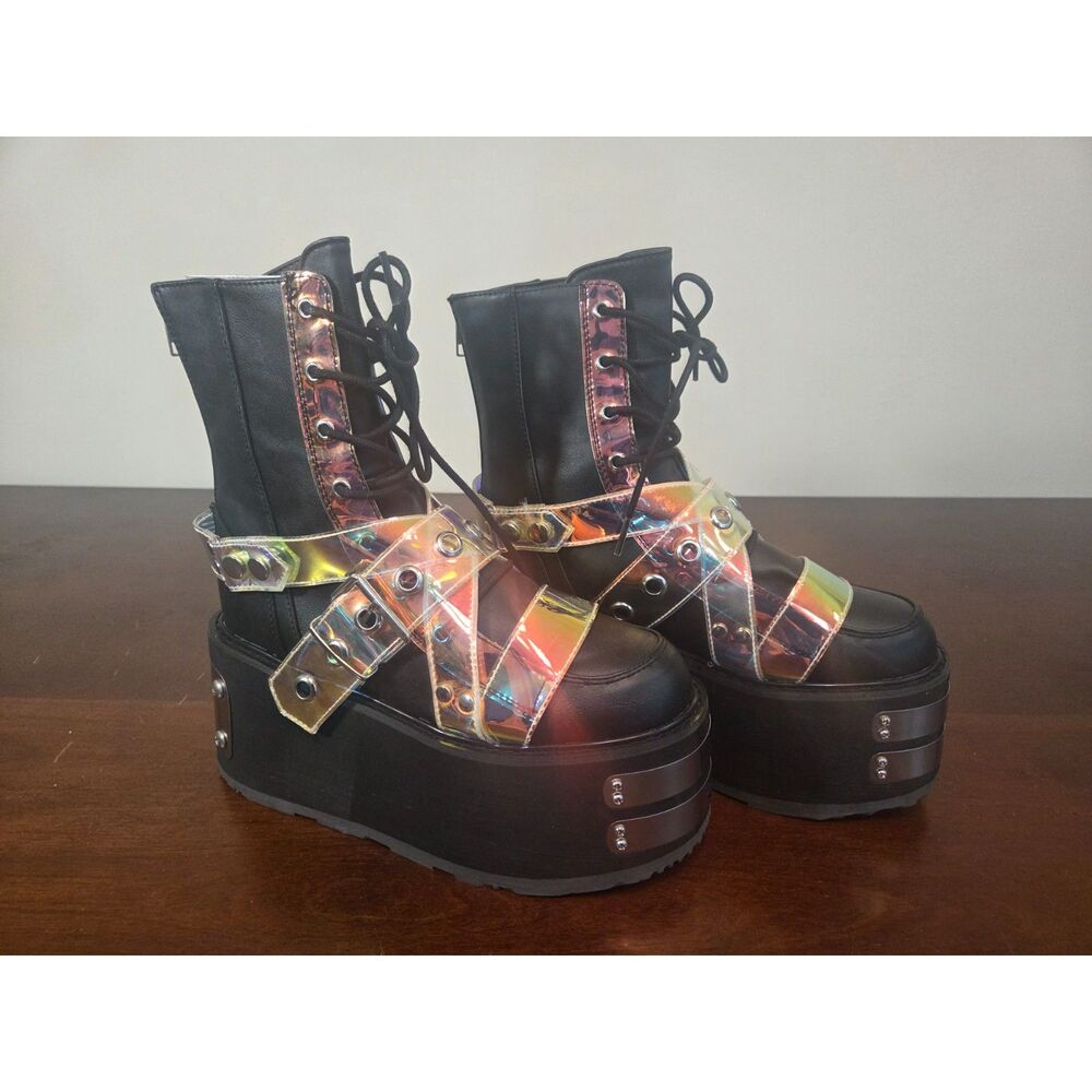 Demonia Damned-118 Black Holographic Strap Platform Boots Size 8 Alt Goth